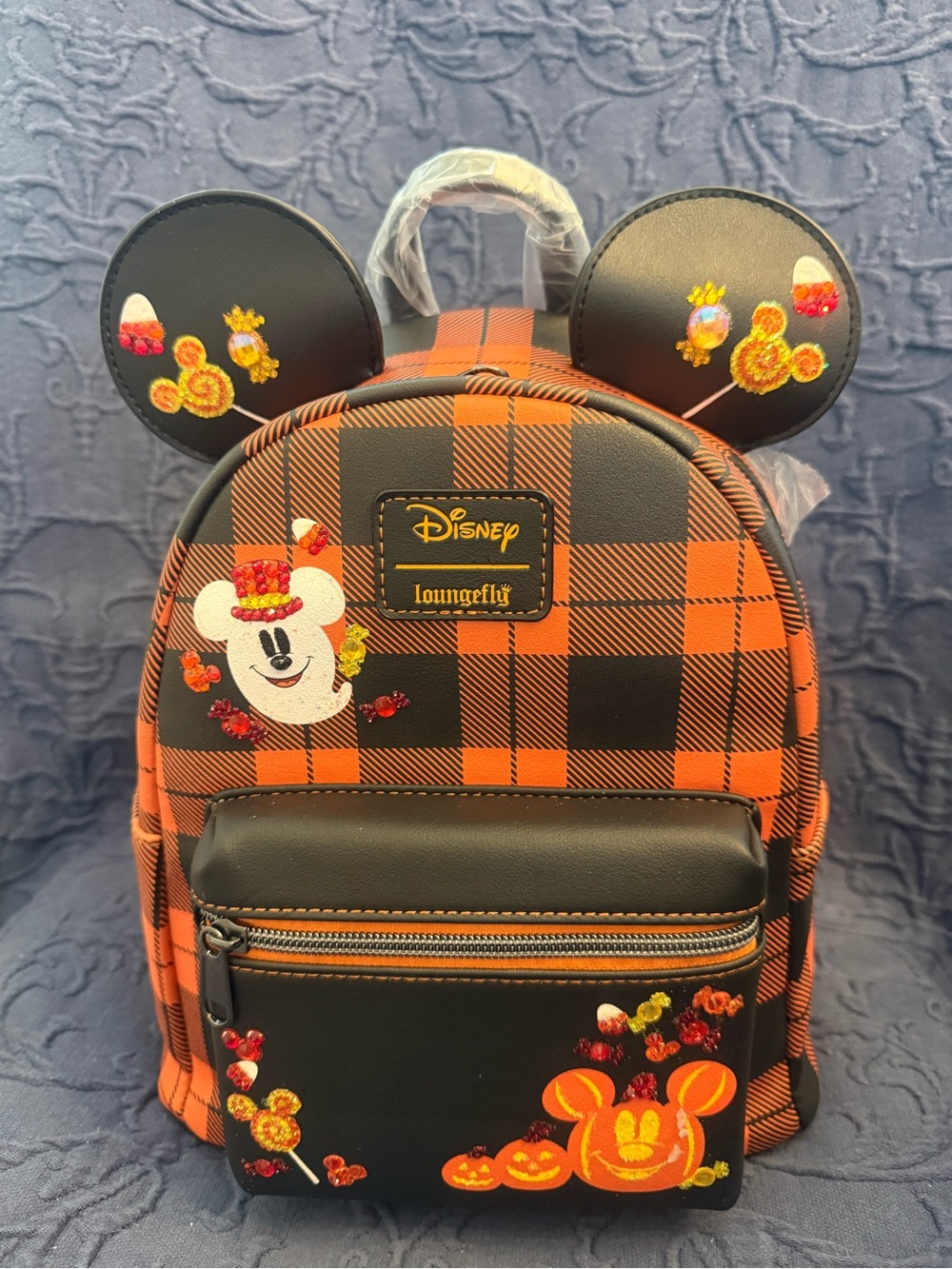 Loungefly Disney Halloween Plaid Mickey Mini Backpack Orange & Black